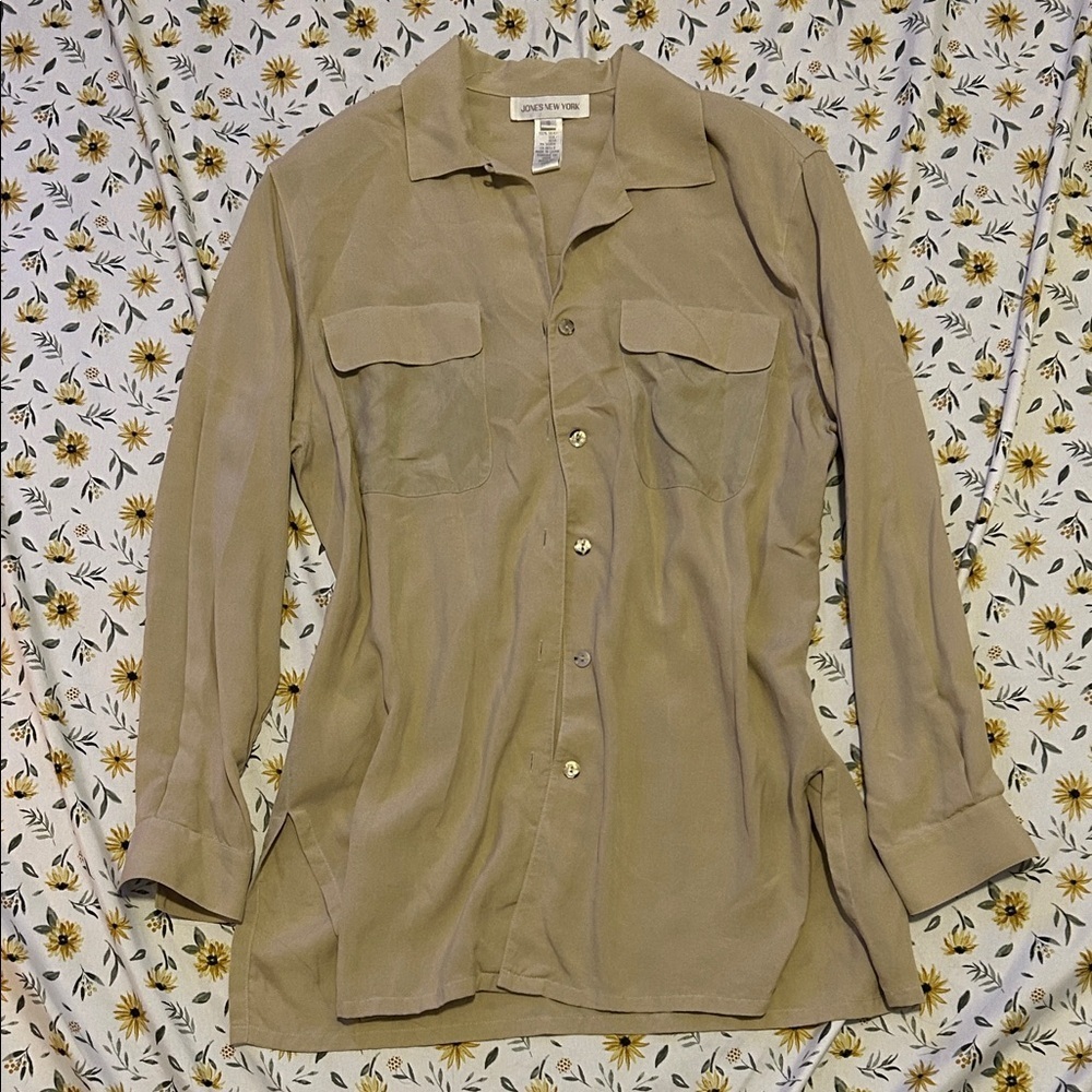 Jones New York Silk Beige Button Down Blouse